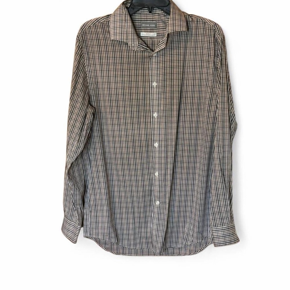 Michael Kors Slim Fit White Brown Plaid Button Up Shirt Medium 15.5 neck